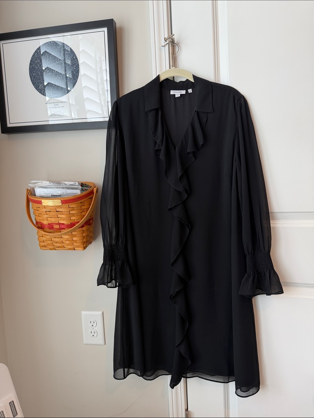 Chico's Black Chiffon like Ruffle-Front Long Sleeve Dress